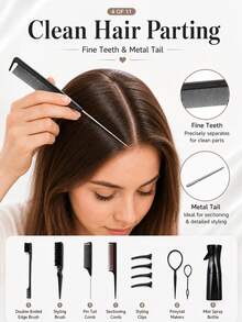 Hair Styling Tool Set (Includes Spray Bottle, Rat Tail Comb, Hairline Comb And Sectioning Clips) Lightweight Accessory Set, Suitable For Daily Updo, Bun, Sectioning And Smoothing Hairstyles - Black - View 3