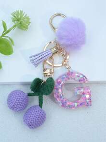1 buah Gantungan Kunci Huruf Inggris Resin Bermotif Langit Berbintang dengan Hiasan Rumbai dan Bola Bulu Hitam, Liontin Hati, Hadiah untuk Teman dan Ibu - Mauve Purple - View 24