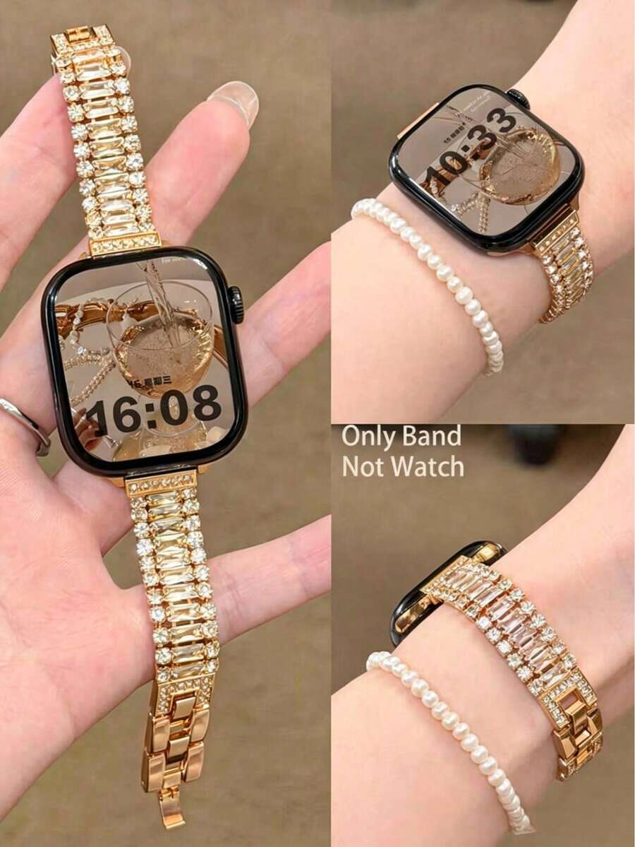 MAPUCE 1PC Luxury Sparkling Triple-Row Dazzling Diamond Metal Watch Band, Compatible With Apple Watch 38/40/41/42/44/45/46/49mm, Suitable For Apple Watch Series Ultra/SE/11/10/9/8/7/6/5/4/3/2/1, Sparkling Ice Sugar Full Diamond Design, Luxurious And High-End, A Fashionable Accessory Watch Band Suitable For Women (Band Only) - Gold - View 1