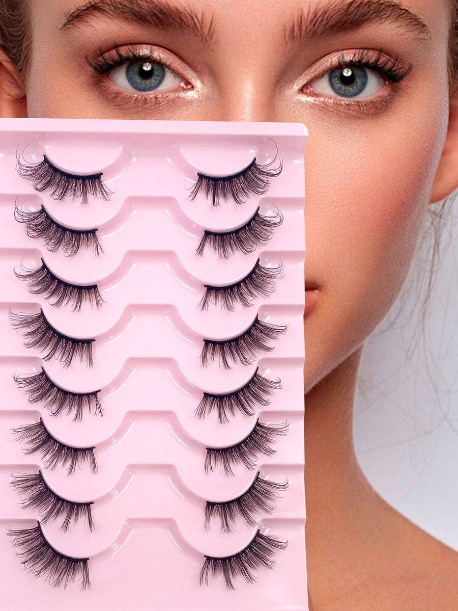ENCHUW 8 paires de faux cils demi-œil, style naturel, design œil de chat fin, moelleux et doux, queue allongée, poils de vison synthétiques - Noir - Voir 1