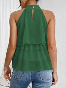 Blusa de gasa con volantes asimétricos y cuello suelto - Verde - Ver 2