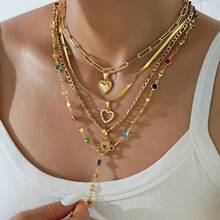 4pcs/Set Colorful Rhinestone Heart Pendant Tassel Necklace Set, Versatile Niche Luxury Elegant Collarbone Layered Jewelry - Gold - View 9