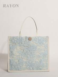 1件薄荷綠軟蕾絲花卉亮片刺繡女款手提包，度假包，亞麻底大容量托特包，適合夏季海灘、旅行、休閒、度假村、海灘景區收納與購物（花卉亮片圖案隨機裁剪分佈） - 薄荷綠 - 查看 9