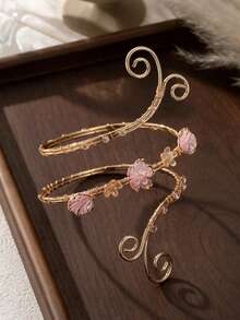 1 pièce Bracelet de bras supérieur ajustable ouvert en or, anneau de bras en spirale florale avec fleur rose et incrustation de cristal - Taille Unique - Voir 2