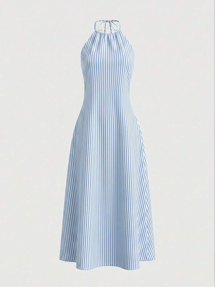 Striped Halter Neck Women's Dress, Summer Casual Beach Vacation Bohemian Pocket Maxi Skirt - Sky Blue - View 4