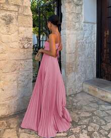 Women's Pleated Halter Neck Maxi Dress, Crisscross Straps Cutout Waist Evening Gown - 粉紅色 - 查看 2