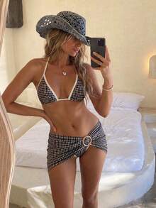 HOTTIE HABIT Women's Elegant Black And White Plaid Bikini Set With Sarong, Sexy Halter Triangle Top, Suitable For Summer Vacation, Beach And Holiday Wear - Multicolor - View 1