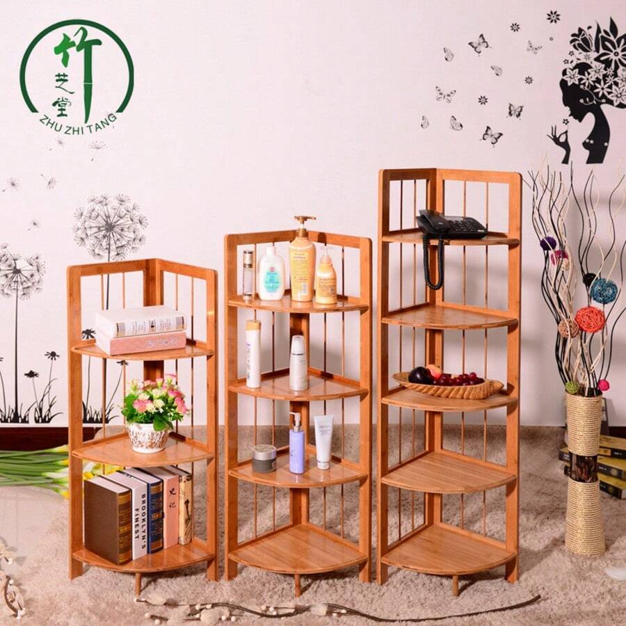 One Bamboo Corner Shelf/Rotating Shelf. Made Of Bamboo, It Offers Convenient And Space-Saving Storage. Multiple Tiers Are Available. Suitable For Various Settings Including Living Room, Bathroom, And Bedroom. - View 1