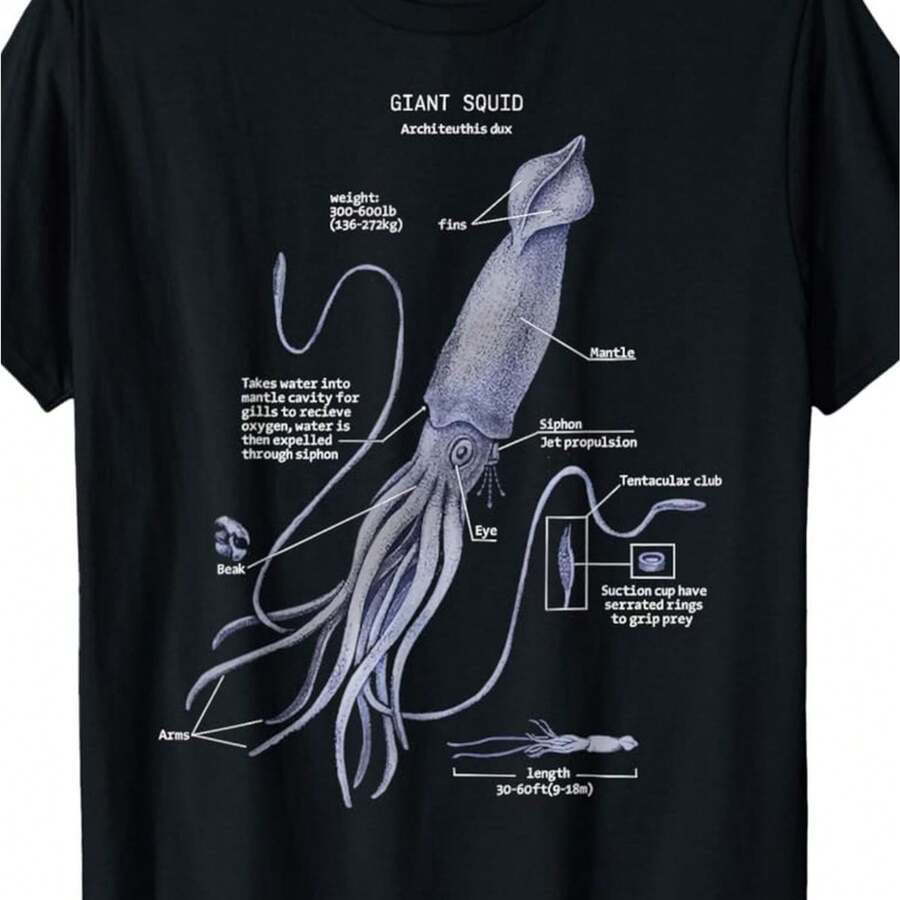 Camiseta de comndo Estampada de Biólogo Marino con Anatomía de Calamar Gigante de comndog - Negro - Ver 1