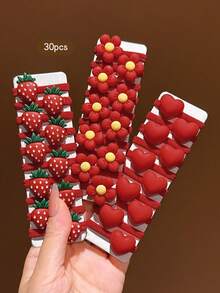 30入紅色花朵草莓髮圈，甜美風髮飾，適合日常使用馬尾彈力橡皮筋 - 彩色 - 查看 4