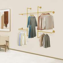 WANLECY Gold Industrial Pipe Wall Mounted Clothing Rack With 5 Hanging Rods, Heavy Duty Garment Organizer Storage System For Bedroom Walk-In Closet Boutique Retail Display - View 3