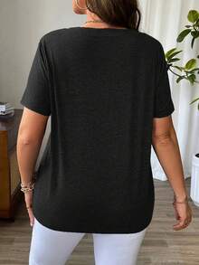 Talla Grande - Talla Grande - Camiseta Casual de Color Sólido con Cuello en V Cruzado y Mangas Cortas para Verano - Negro - Ver 2