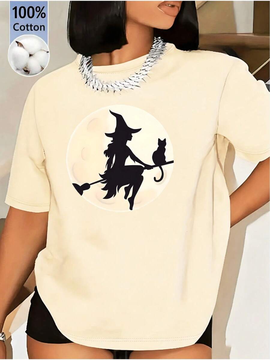Soft 100% Cotton T-Shirt. A Women's Short-Sleeved T-Shirt, Ideal For Summer, With A Witch And Cat Silhouette Design On The Moon, Made From A Comfortable Material. Perfect For Halloween. - 杏色 - 查看 1