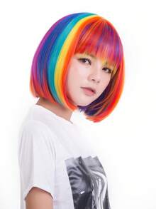 Rainbow Gradient Bob Wig With Bangs, Colorful Design For Festival, Party, Anime Convention, Cosplay, Funny And Eye-Catching Atmosphere Costume Headwear - View 5