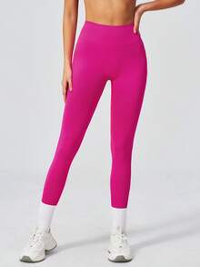 NcmRyu Women's 1pc Solid Color Wide Ribbed High Waist Tummy Control Butt Lifting Tight Fit Sports Leggings - Hot Pink - View 8