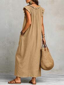 Vestido holgado de estilo vacacional con mezcla de algodón, volantes, cuello en V, manga larga y bolsillos - Caqui - Ver 2