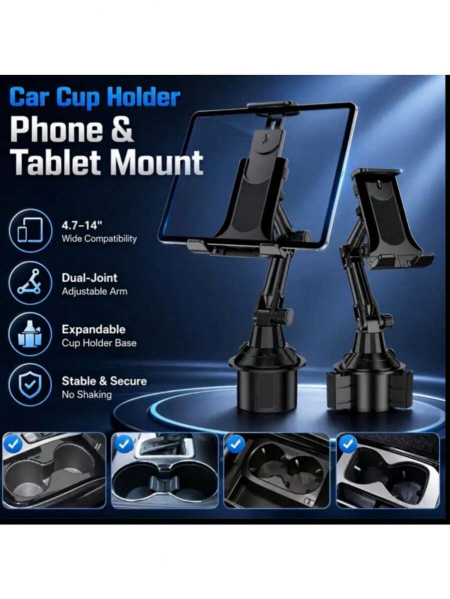 Car Cup Holder Phone Tablet Mount, 2-In-1 Adjustable Height & 360° Rotatable Smartphone Stand With Stable Clamp Grip, Anti-Shake Hands-Free, Universal Cup Holder Expander For IPhone Android, SUV Truck RV, Road Trip Essentials, Car Accessories