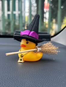 1pc Car Dashboard Ornament, Halloween Theme Rubber Duck With Witch Hat, Broom And Bell, Creative Desktop / Home Decor Figurine, Fun Halloween Gift - Car Ornaments - View 5
