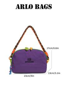 Energetic Colorblock Shoulder Bag, Multi-Color Contrast Design With Colorful Rope Buckle, Wide Woven Strap To Reduce Burden, Suitable For City Strolling, Store Visiting, Sports Outings, Bright Contrast Colors Create Eye-Catching Look, Soft Body Lightweight And Burden-Free, Following Outdoor Vibrant Outfit - Purple - View 5