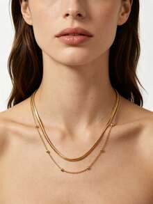 Collier à chevrons doré superposé, collier ras-du-cou à double chaîne avec perles, bijoux plaqués or 14K - Doré - Voir 6