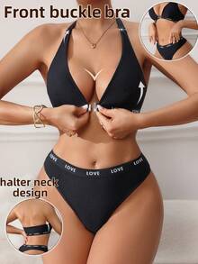 2pcs Front Hook Halter Neck Lingerie Set, Romantic Bra And Panties, Comfortable Soft Letter Waistband - Black - View 1