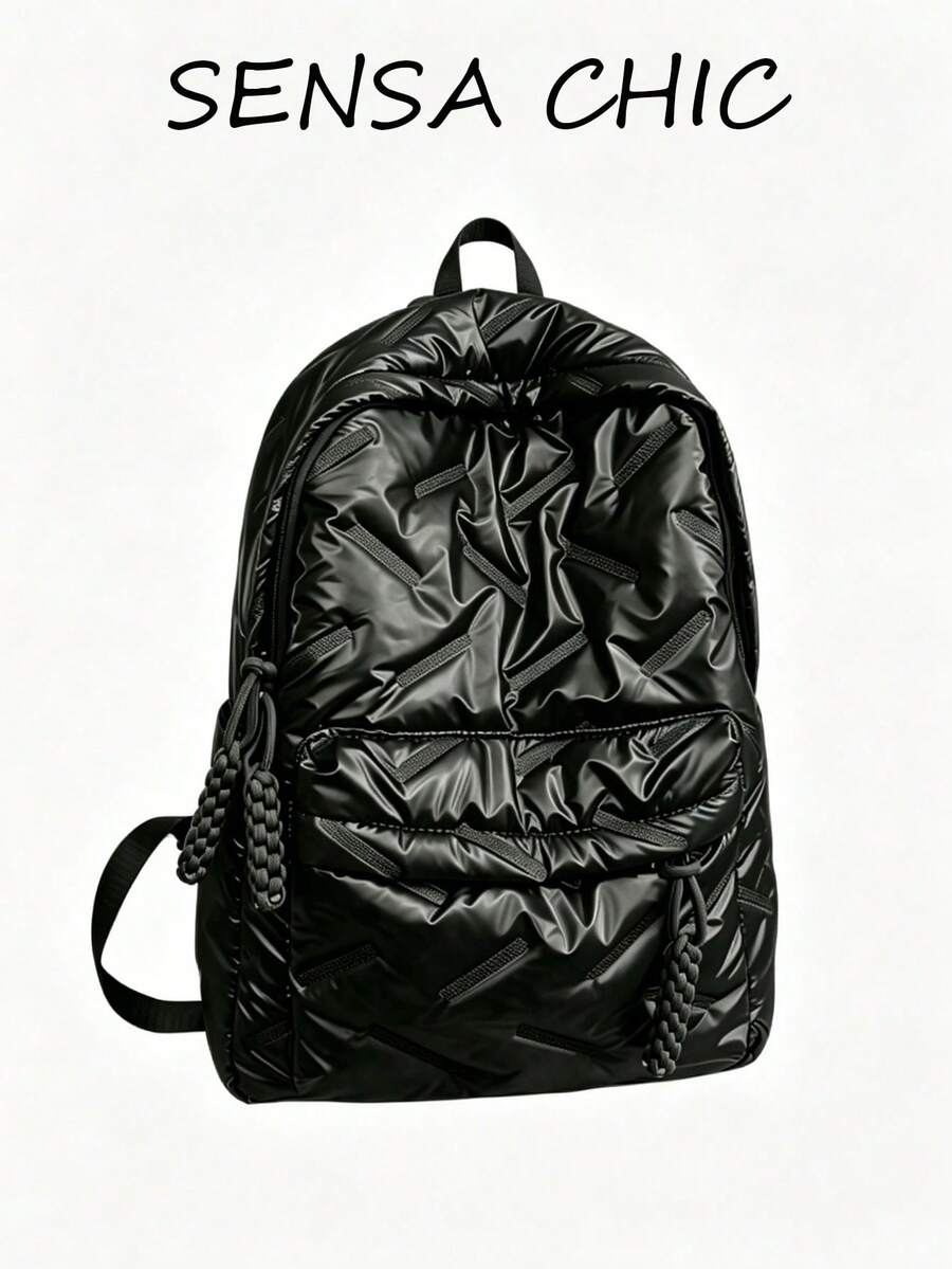 Classic Fashion Student Backpack, New Stylish College Style, Solid Color Rhombus Pattern Design, Large Capacity Multi-Pocket Backpack, Suitable For Travel And Vacation, Ideal Choice For Campus Use During Classes. Short-Distance Travel , Back To School - Black - View 1