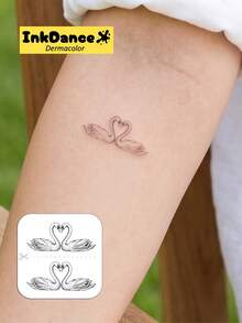 1 Set "Tiny Kissing Swans" Temporary Tattoo Stickers, Two Swans Heart Shape, Realistic Tattoo Effect, Waterproof, Body Art, Colorful, Easy To Apply And Remove, CMNF038 - Multicolor - View 2