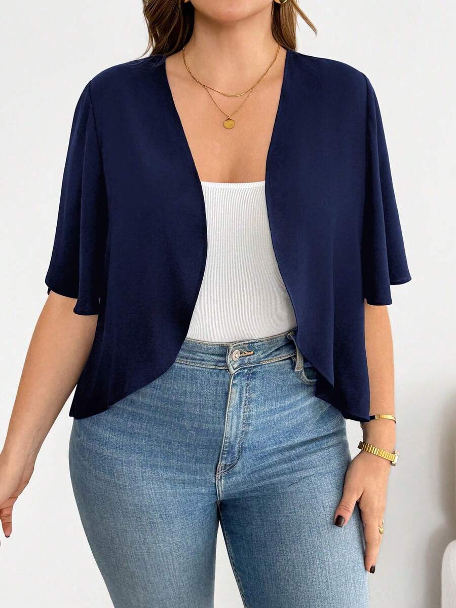 Basic Black Short-Sleeved Cardigan, Versatile And Comfortable For Everyday Wear, Plus Size Women's Casual Fashion, Summer Coats, Going-Out Blouses, Office Wear, Vacation Wear - 藏蓝色 - 查看 1
