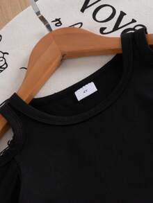 2pcs Girls Summer Fashion Casual Street Retro Black Off-Shoulder Long Sleeve Top With Leopard Print Long Pants Side Black Ribbon Bow Decor Set Suitable For School And Street Wear - Black - View 3