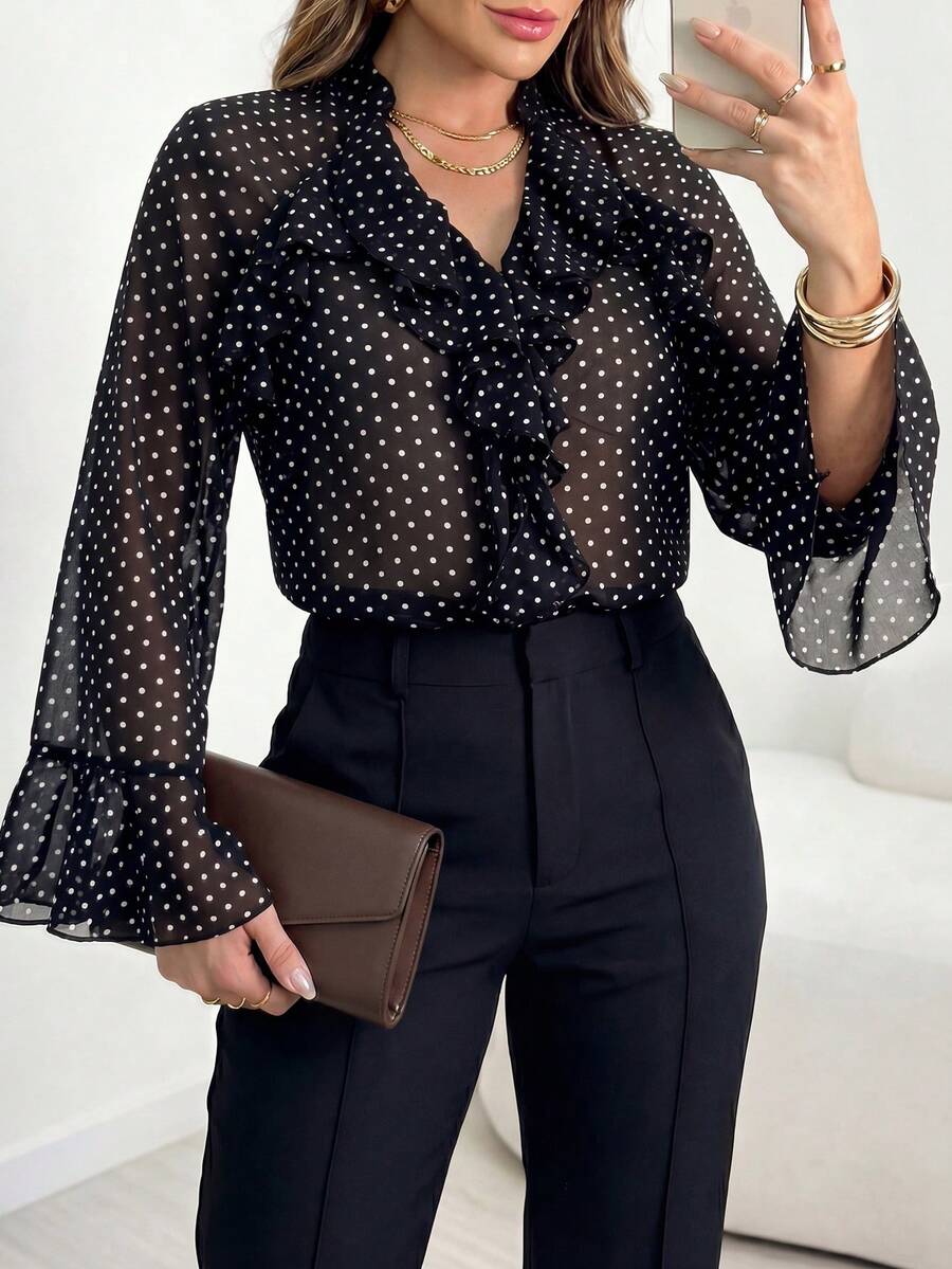 ANCHOSE Women's Summer Black With White Polka Dot V-Neck Ruffle Flared Sleeve Blouse (Inner Layer Not Included) Sheer Chiffon Lightweight Fabric Elegant French Style Suitable For Date Daily Outings - Black - View 1
