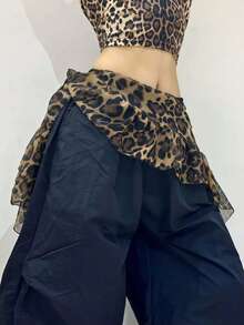 MESHUOKAI 1pc Niche Fashion Jazz Dance Ruffle Waist Scarf, Layered Leopard Print Belt School - Multicolor - View 4