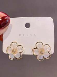 9 Pares/1 Par de Brincos de Botão Florais e de Lua Multiformas para Mulheres, Conjunto de Brincos da Série Branca com Esmalte Gotejado a Óleo, Joias Casuais para Uso Diário - Dourado - Visão 5