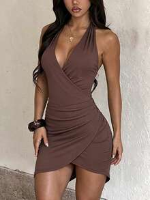 Summer Dress, Brown Sexy Deep V-Neck Bust-Enhancing Bodycon Short Dress, Backless Dress, Elegant Women's Dress - Brown - View 5