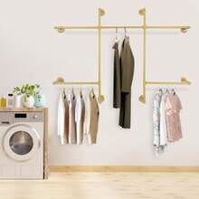 WANLECY Gold Industrial Pipe Wall Mounted Clothing Rack With 5 Hanging Rods, Heavy Duty Garment Organizer Storage System For Bedroom Walk-In Closet Boutique Retail Display - View 10