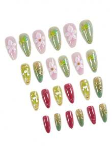 24 piezas de uñas postizas de forma de almendra mediana, uñas postizas con diseño de libélula estilo bosque, flores 3D y degradado dorado, set de uñas postizas desmontables de cobertura completa, adecuadas para fiestas, bailes de graduación y uso diario - Multicolor - Ver 5