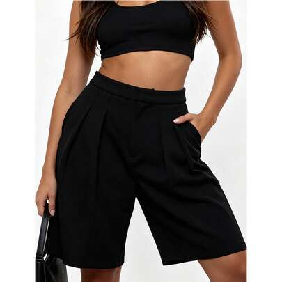 High Waist Pleated Bermuda Shorts Tailored Wide Leg Knee Le…