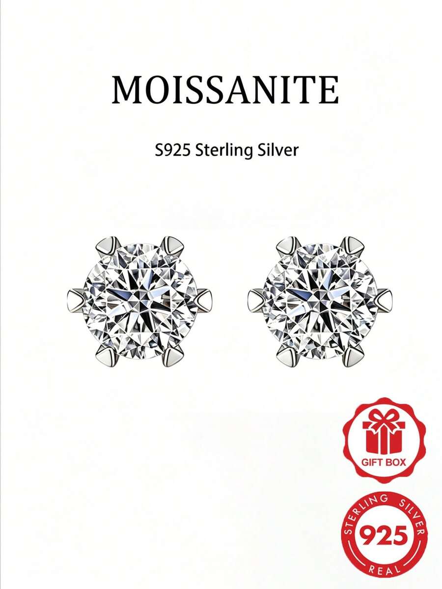 1對6爪圓形莫桑石耳釘,S925純銀閃耀單鑽耳釘,女性奢華日常佩戴珠寶,適合節日禮物,中性款 - 款式A-白色 - 查看 1