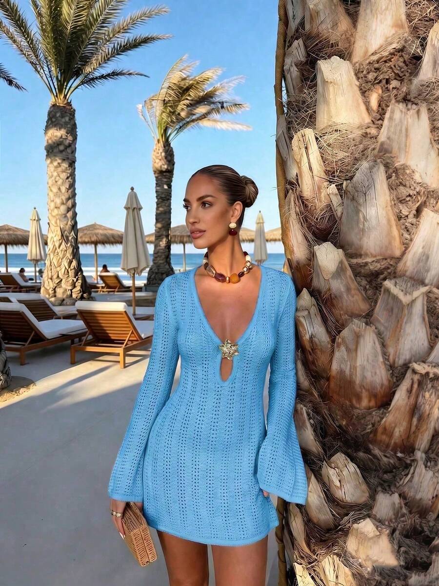 Women's Summer Knit Mini Skirt, Short Skirt With Tie Waist, Deep V-Neck And Floral Decoration, Sexy Bohemian Dress For Vacation And Beach - 酒紅色 - 查看 1