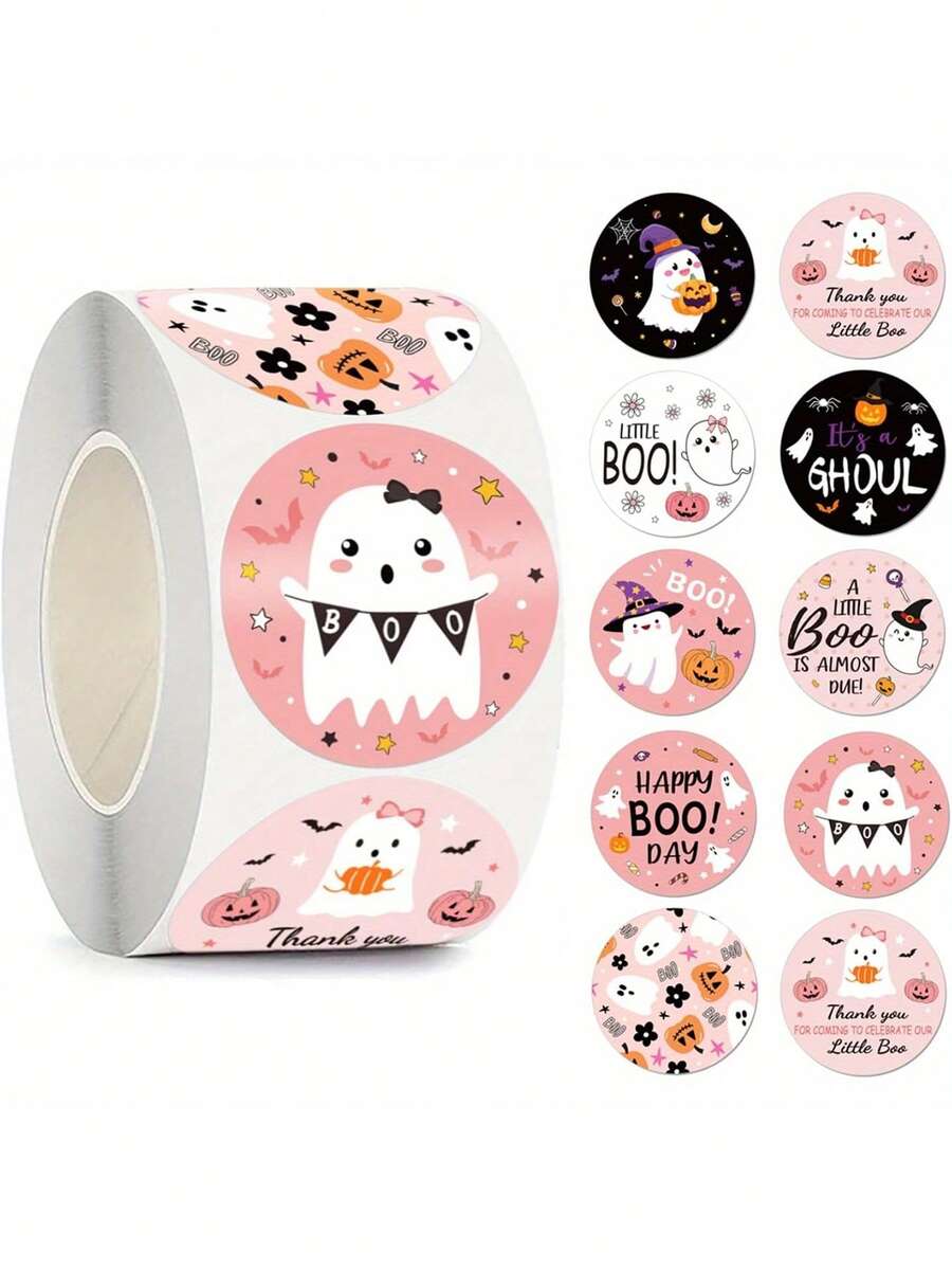 500/5pcs Pink Halloween Sticker Roll, Ghost And Pumpkin Stickers, Suitable For Water Bottles, Laptops, DIY Crafts Stickers, Self-Adhesive Vinyl Stickers, Party Decoration, Beautiful Sticker Roll, Self-Adhesive Seals, Suitable For Scrapbooking, Cards, Envelopes, Handmade Gifts, Party Supplies And Decorative Stickers - Multicolor - View 1