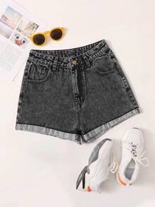 Summer Rolled-Up High-Waisted Denim Shorts - 灰色 - 查看 1