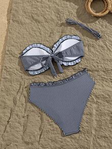 Women's Striped Print Flat Chest Bikini Two Pieces Set, Suitable For Summer Island Vacation Outfits Beach - Multicolor - View 3