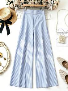 Plus Size Women's Elegant Striped Wide Leg Pants, High Waist Straight Leg Loose Casual Long Pants - Blue - View 5