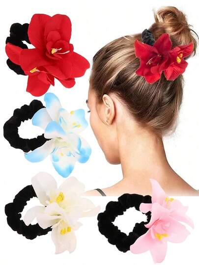 1pc Colorful Artificial Orchid Flower Hair Scrunchie, Fresh Floral Stretchy Hair Tie For Wedding, Party And Vacation, Ponytail, Hair Accessories