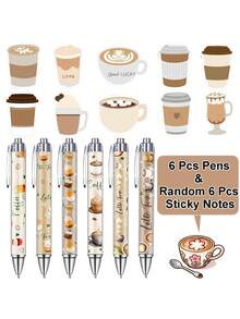 12pcs/6pcs Random Pattern Coffee Theme Party Gift Ballpoint Pen Set, Includes 120 Coffee Sticky Notes, Coffee Lover Party Decoration Supplies, Black Ink Suitable For School Office Birthday Supplies Aesthetic Accessories - Coffee - View 10