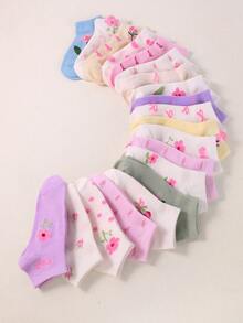 20 Pairs Girls Pink Floral Short Socks, Sweet Casual Style, Suitable For Daily School Wear, Super Great Socks, Girls Back To School, Clean Girl Aesthetic - Multicolor - View 3