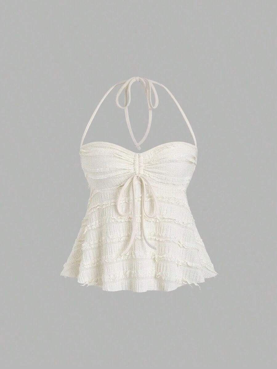 Solid Color Halter Tops With Drawstring At The Bust, Y2K Style For Women - Apricot - View 1