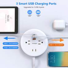Regleta de viaje con 3 tomas, 1 puerto USB-C y 2 puertos USB-A, cable de extensión retráctil de 4 pies, enchufe ultra plano para artículos esenciales de crucero, protección contra sobretensiones, compacta para maleta - Blanco - View 4