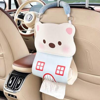1pc Cute Cartoon Animal Car Tissue Box Holder, Plush Hanging Tissue Dispenser For Car