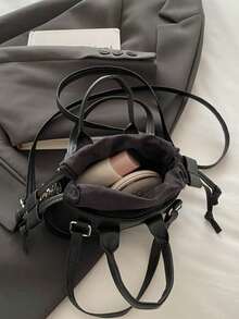Fashion Solid Color PU Drawstring Mini Handbag With Metallic Color, Crossbody Small Shell Women's Bag - Black - View 11