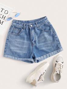 Summer Rolled-Up High-Waisted Denim Shorts - Black - View 1